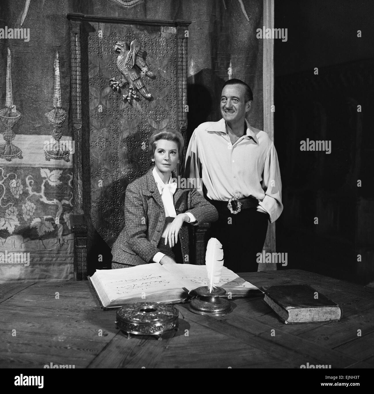 Actor David Niven and actress Deborah Kerr pictured during the filming of their latest film 'The Eye of the Devil' at MGM Studios in Boreham Wood, Hertfordshire. 13th December 1965. Stock Photo