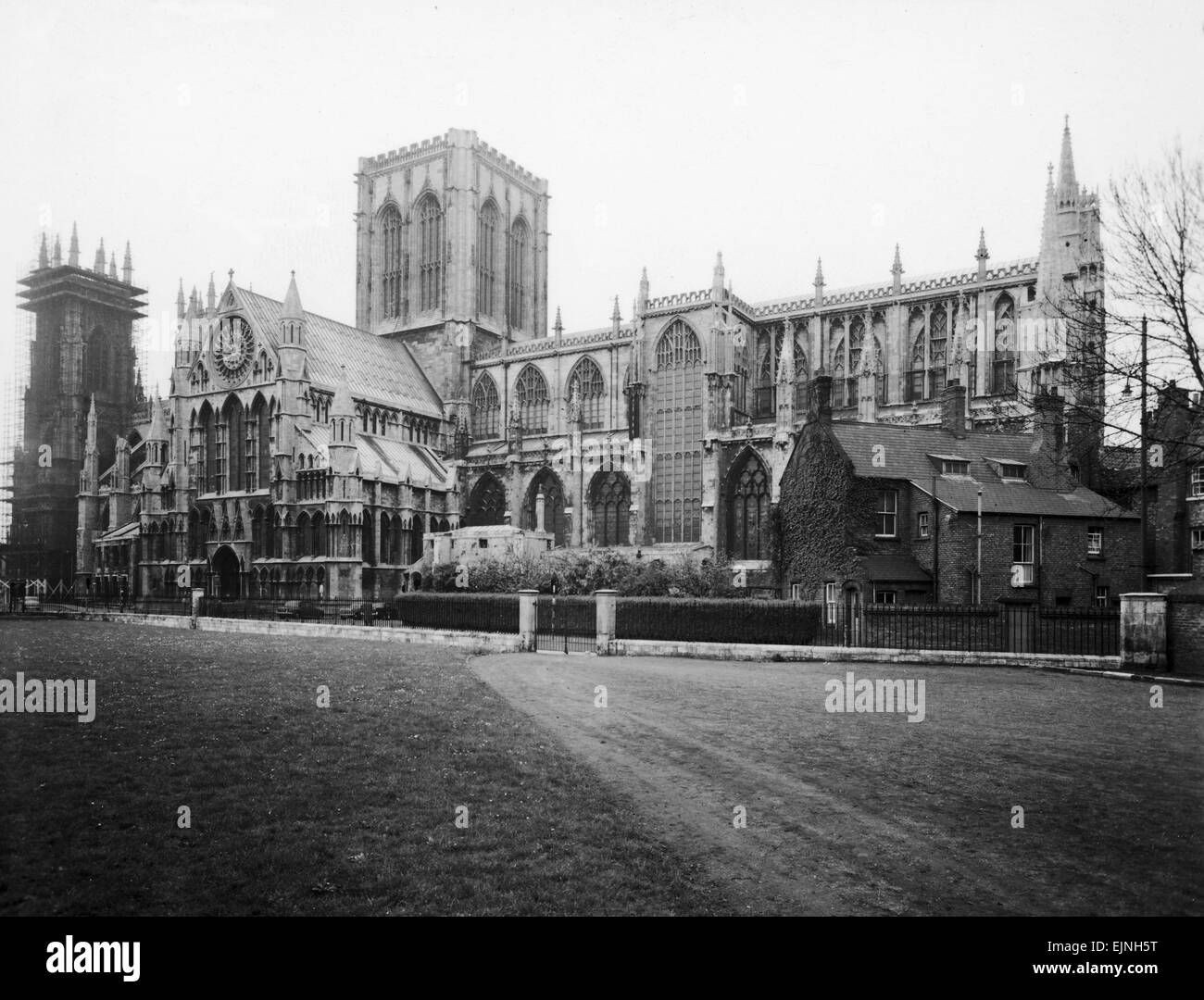 A general view of York Minster, in York, in England The Gothic York Minster contains medieval stained glass; the south transept was severely damaged by fire 1984, but has been restored. Circa 1970 Stock Photo