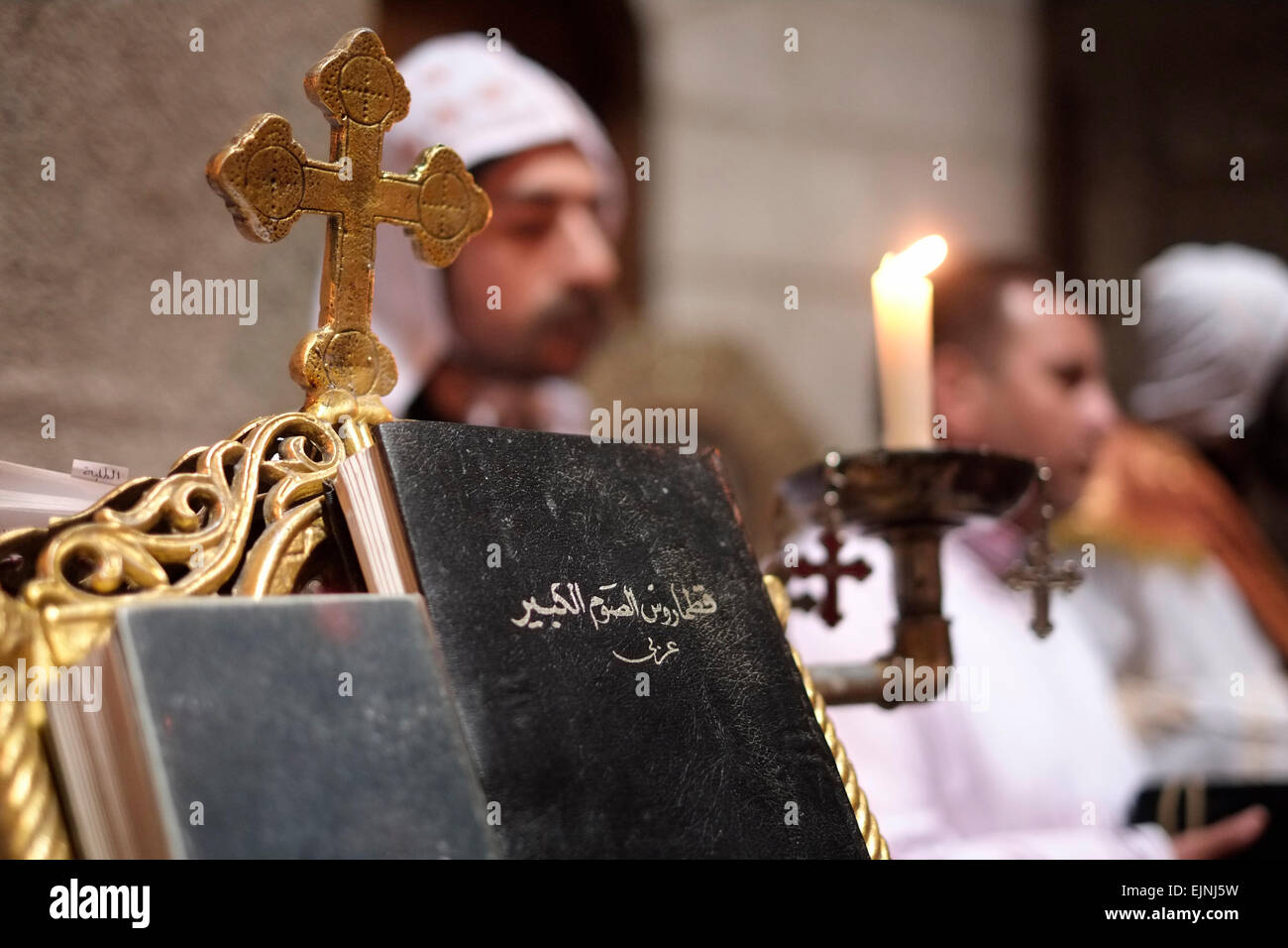 Coptic Orthodox clergy in the Church of Holy Sepulchre in the old city East Jerusalem Israel Stock Photo