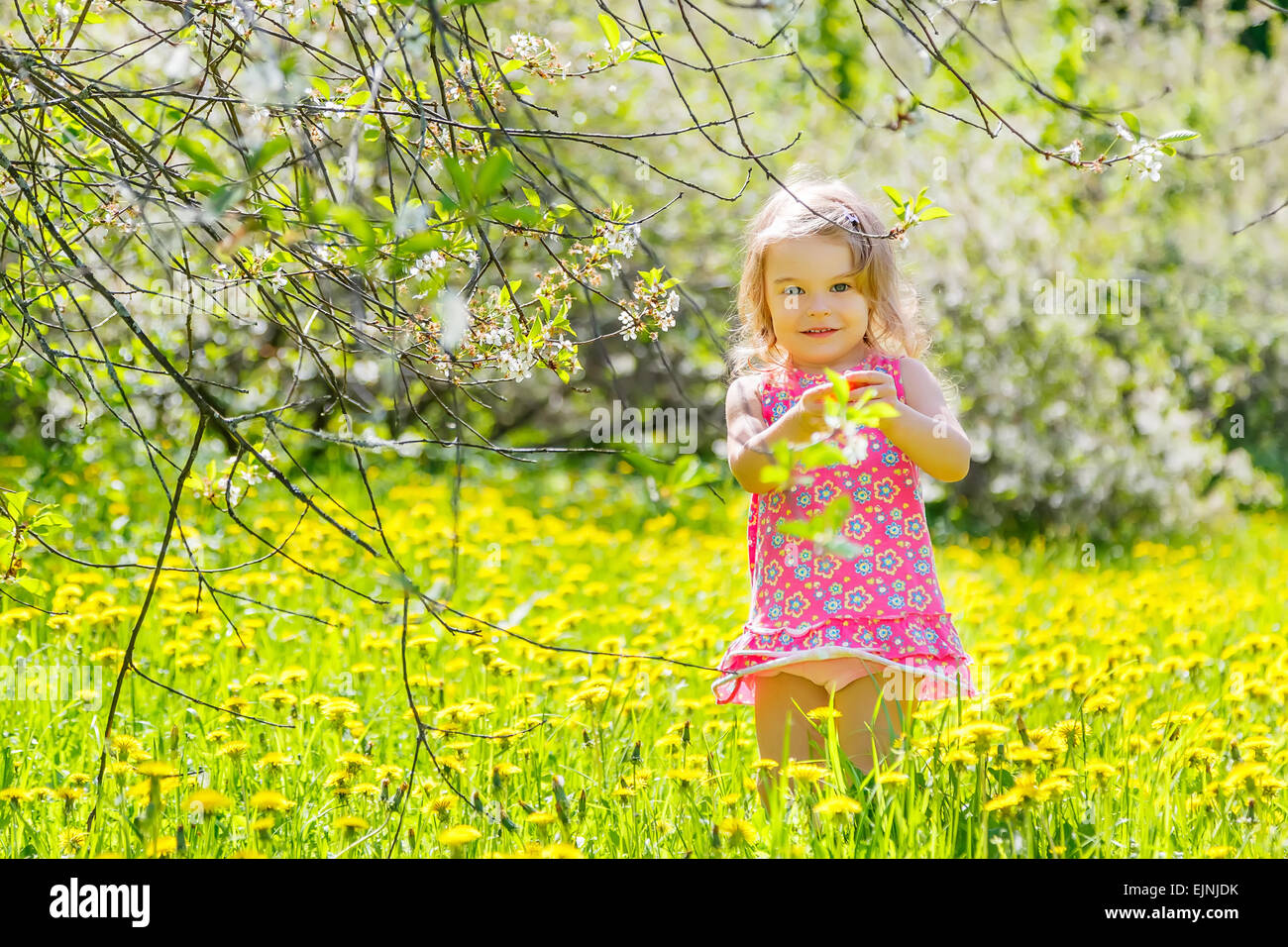 Happy little girl in spring sunny park Stock Photo