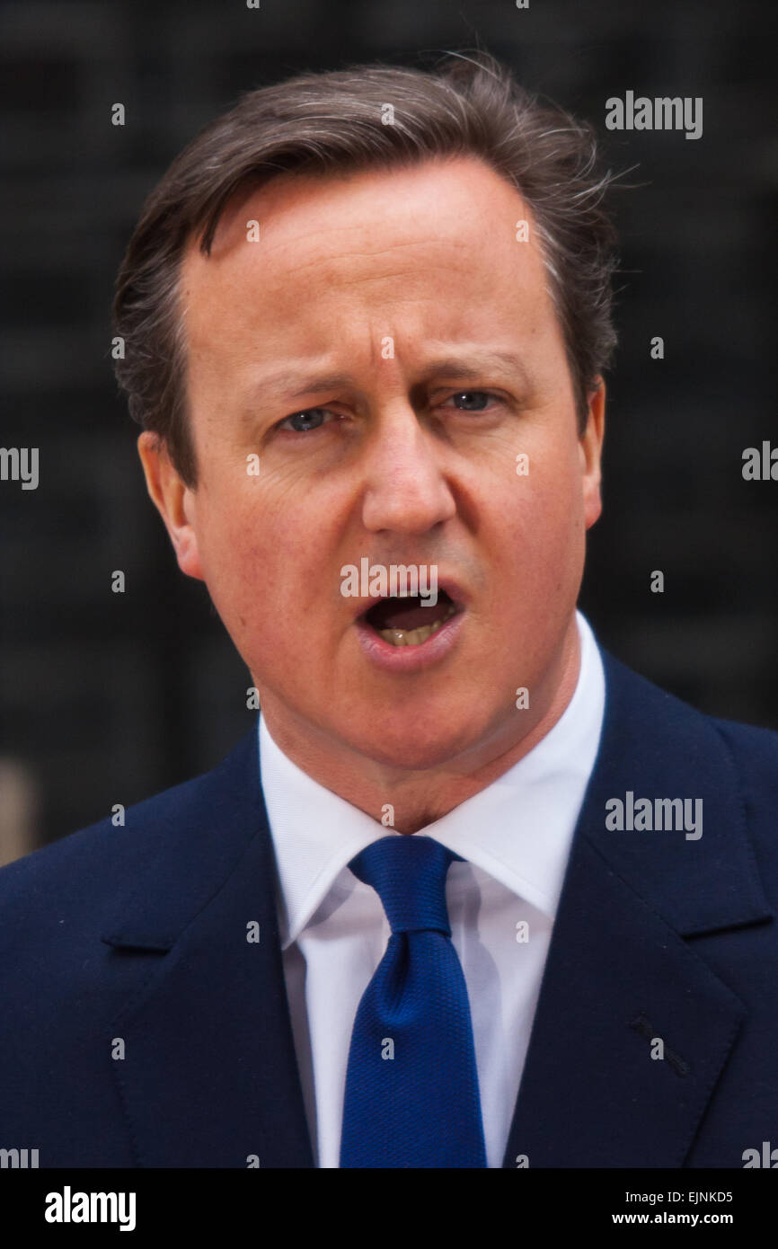 Downing Street, London, UK. 30th March, 2015. British Prime Minister David Cameron addresses the press following his visit to The Queen to announce the general election on May 7th 2015. Credit:  Paul Davey/Alamy Live News Stock Photo