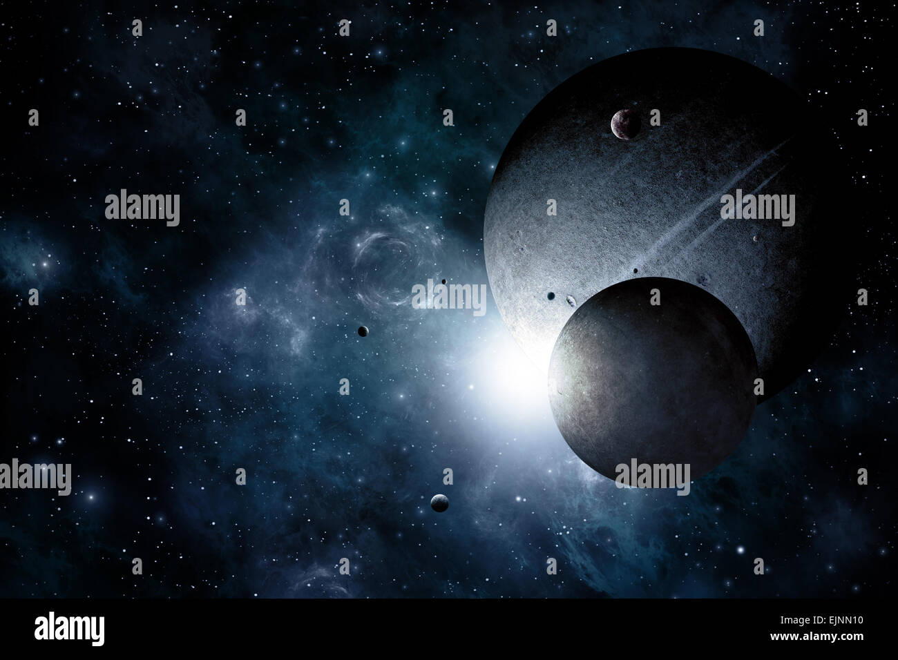 blue deep space abstract imaginary illustration with planets and moons Stock Photo
