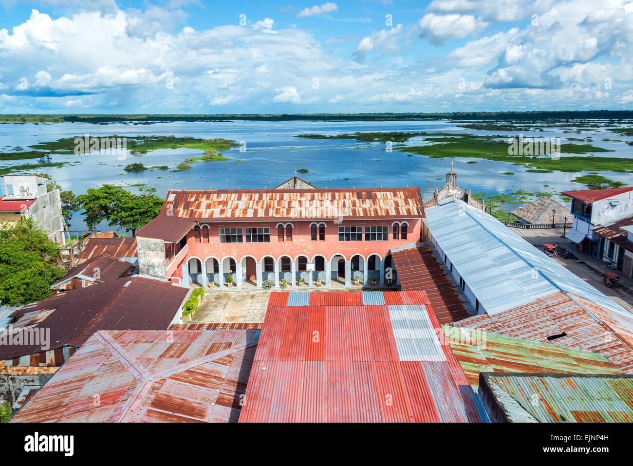 View of Iquitos, Peru with the Itaya River in the background in the Amazon Rainforest.  Iquitos is the largest city in the world Stock Photo