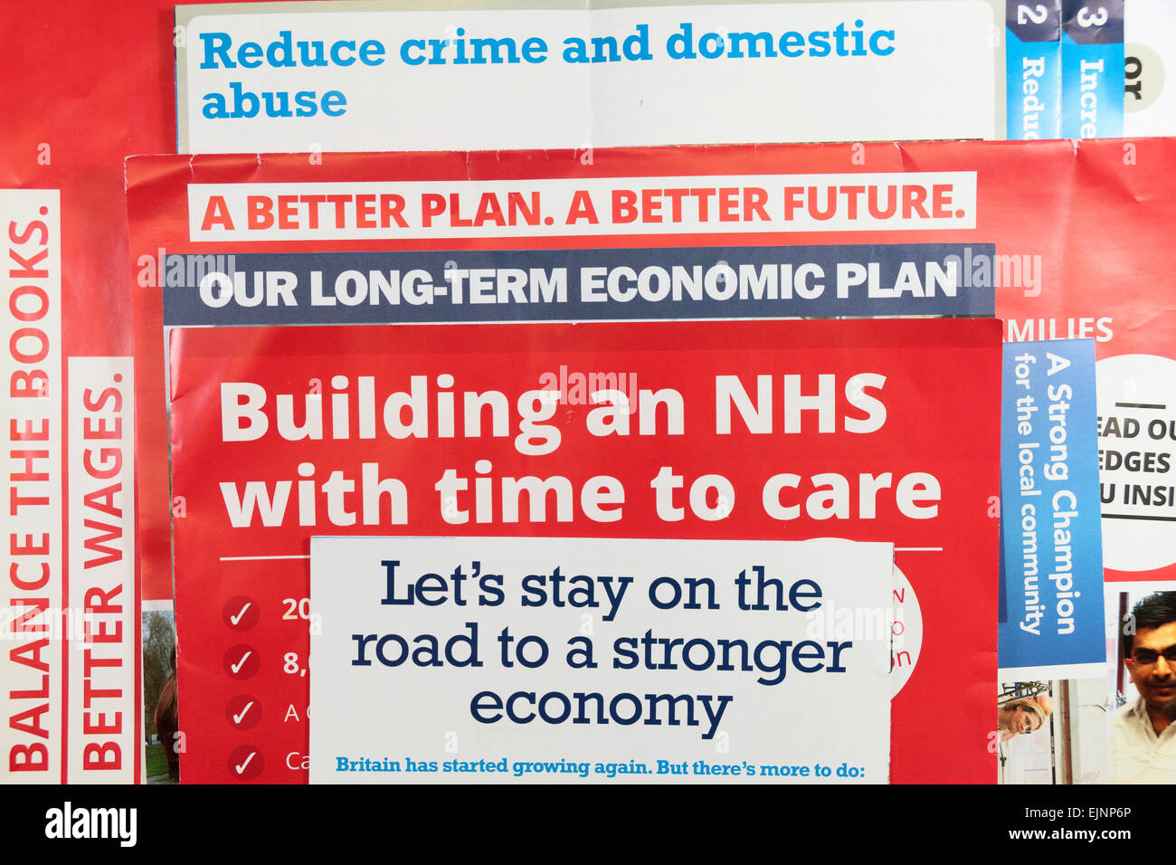 Slogans on Labour & Conservative party literature received before the General Election in 2015 had begun. Stock Photo