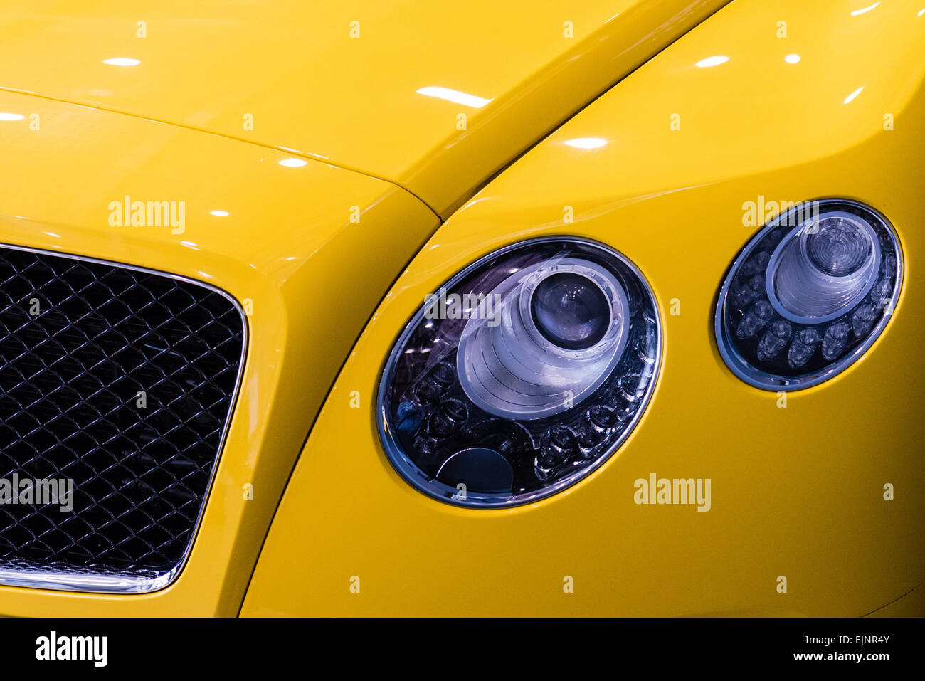 Yellow Bentley Continental GT grill and headlights detail Stock Photo