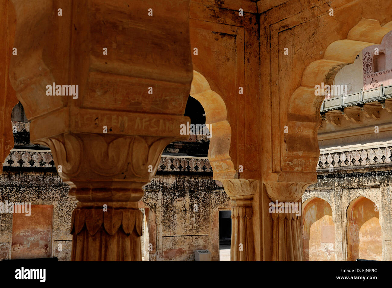 Ornate Indian architecture and buildings at the Amber Amer Fort Palace Jaipur Rajasthan Stock Photo