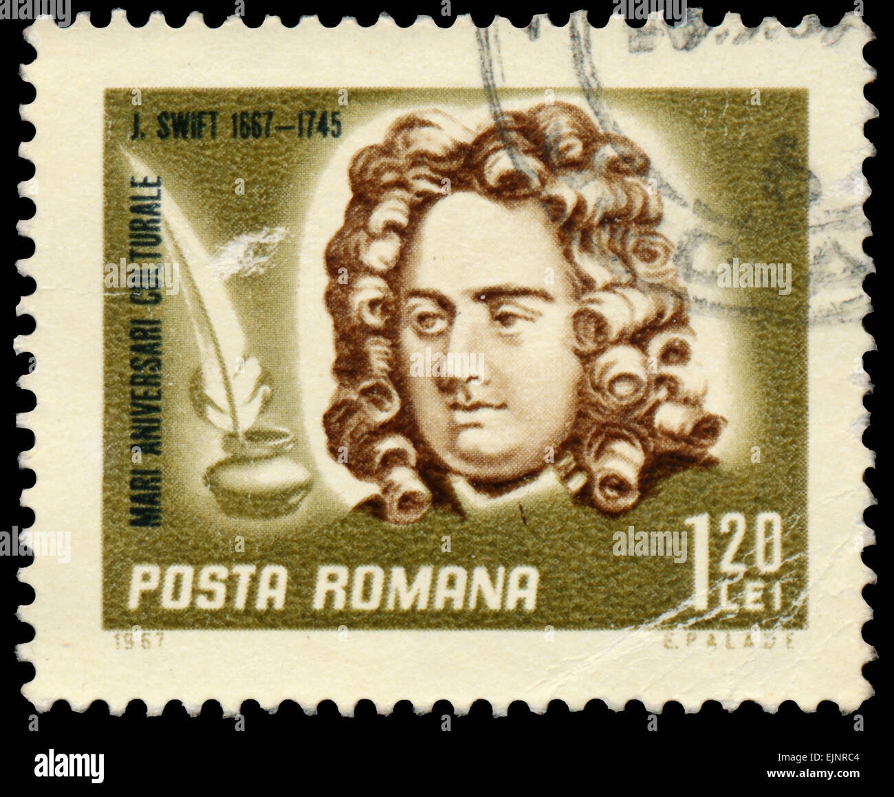 ROMANIA - CIRCA 1967: Stamp printed in Romania shows Jonathan Swift, the Irish satirist, essayist Stock Photo