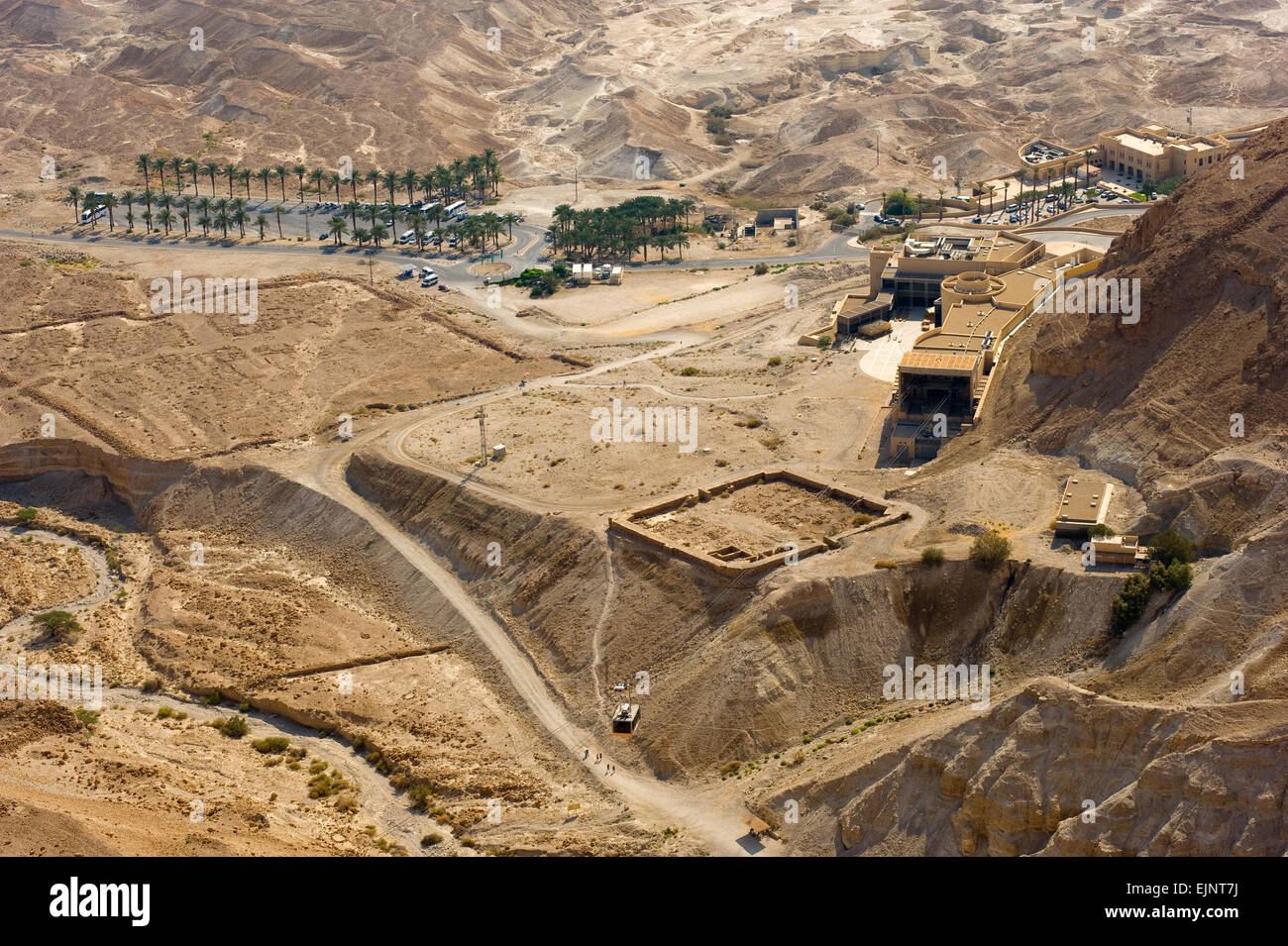 View from Masada to the cable car station, and the roman camp A, and camp C (left) Stock Photo