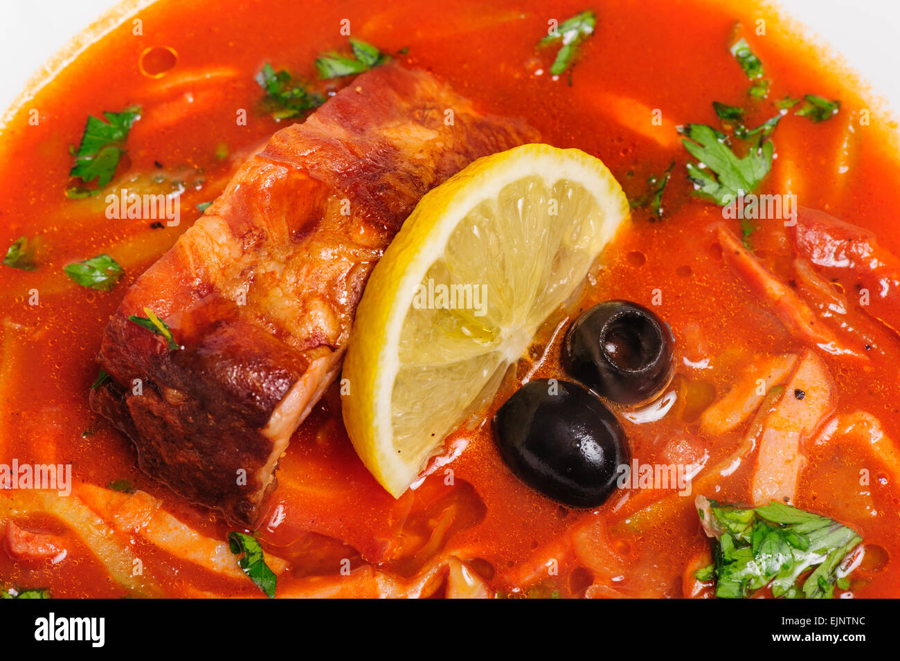 Russian and Ukrainian soup solyanka Stock Photo