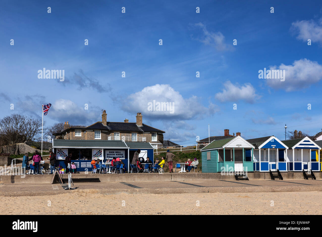 People at Cafe and Beach Huts at Gun Hill, Southwold Stock Photo Alamy