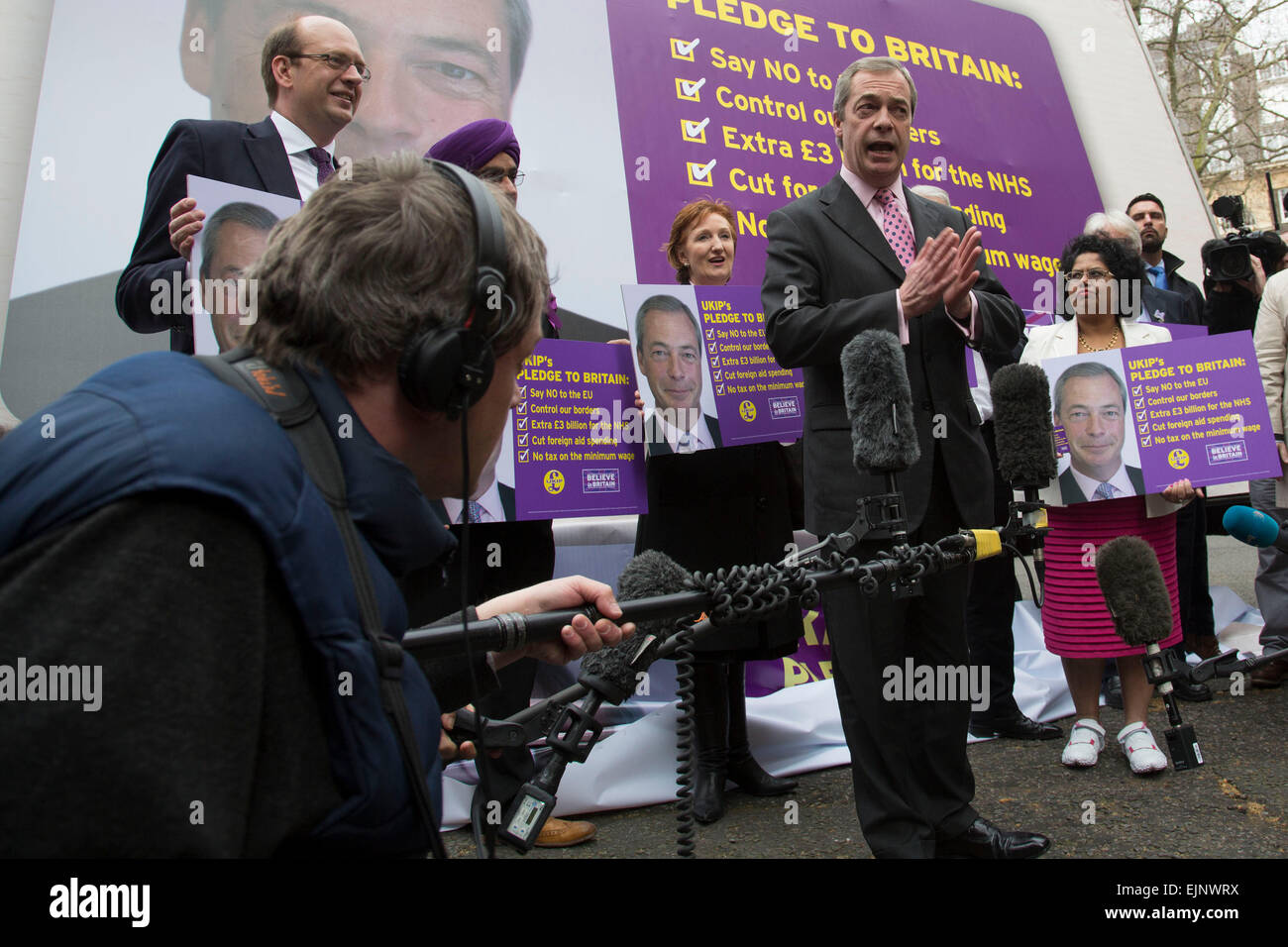 London, UK. Monday 30th March 2015. Ukip leader Nigel Farage MP announces his party's key election pledges at Smith Square, Westminster. The UK Independence Party, is a right-wing political party in the United Kingdom. Stock Photo