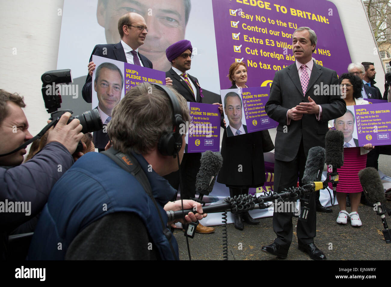 London, UK. Monday 30th March 2015. Ukip leader Nigel Farage MP announces his party's key election pledges at Smith Square, Westminster. The UK Independence Party, is a right-wing political party in the United Kingdom. Stock Photo