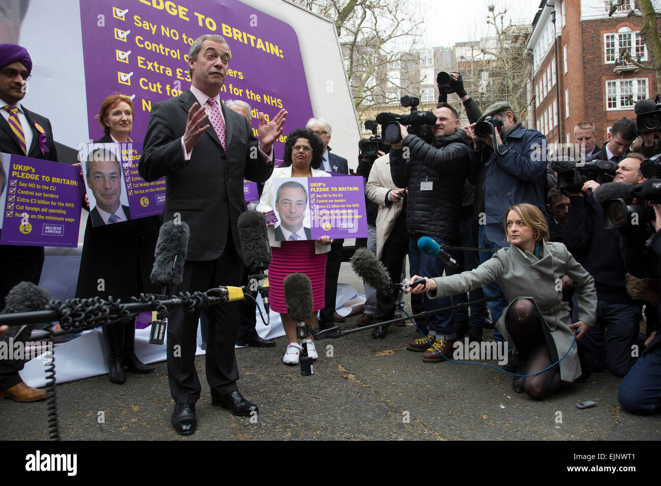 London, UK. Monday 30th March 2015. Ukip leader Nigel Farage MP announces his party's key election pledges at Smith Square, Westminster. The UK Independence Party, is a right-wing political party in the United Kingdom. Stock Photo