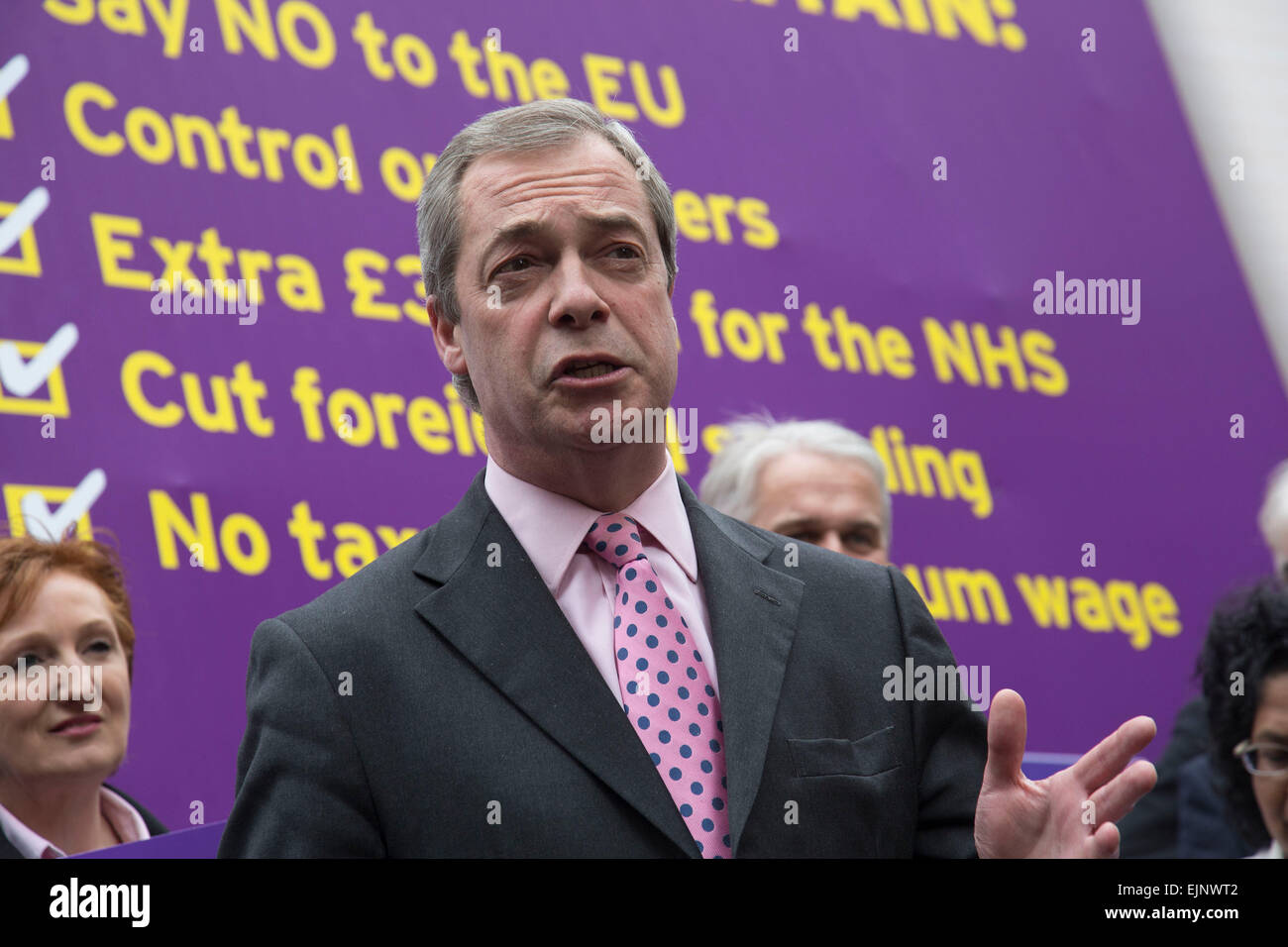 London, UK. Monday 30th March 2015. Ukip leader Nigel Farage MP announces his party's key election pledges at Smith Square, Westminster. The UK Independence Party, is a right-wing political party in the United Kingdom. Stock Photo