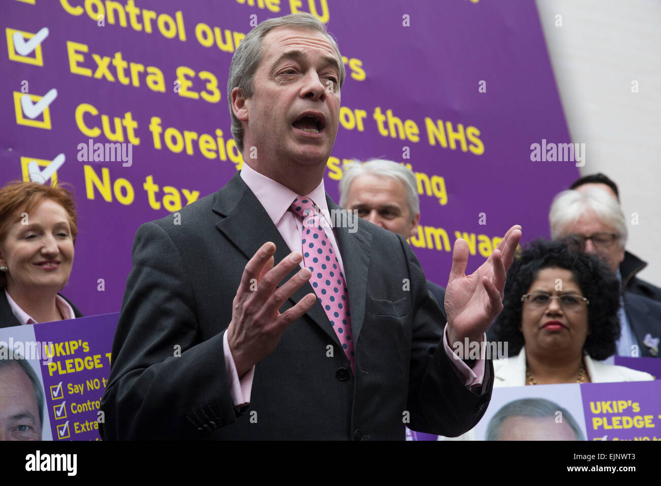 London, UK. Monday 30th March 2015. Ukip leader Nigel Farage MP announces his party's key election pledges at Smith Square, Westminster. The UK Independence Party, is a right-wing political party in the United Kingdom. Stock Photo