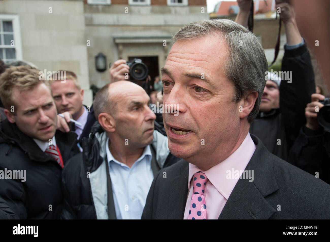 London, UK. Monday 30th March 2015. Ukip leader Nigel Farage MP announces his party's key election pledges at Smith Square, Westminster. The UK Independence Party, is a right-wing political party in the United Kingdom. Stock Photo