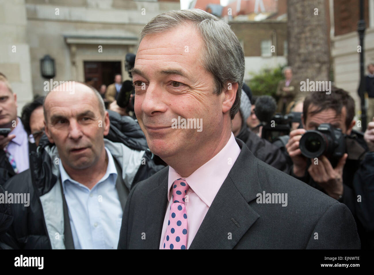London, UK. Monday 30th March 2015. Ukip leader Nigel Farage MP announces his party's key election pledges at Smith Square, Westminster. The UK Independence Party, is a right-wing political party in the United Kingdom. Stock Photo