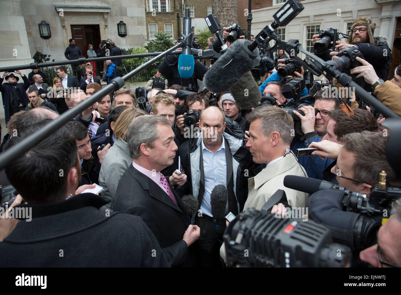 London, UK. Monday 30th March 2015. Ukip leader Nigel Farage MP announces his party's key election pledges at Smith Square, Westminster. The UK Independence Party, is a right-wing political party in the United Kingdom. Stock Photo