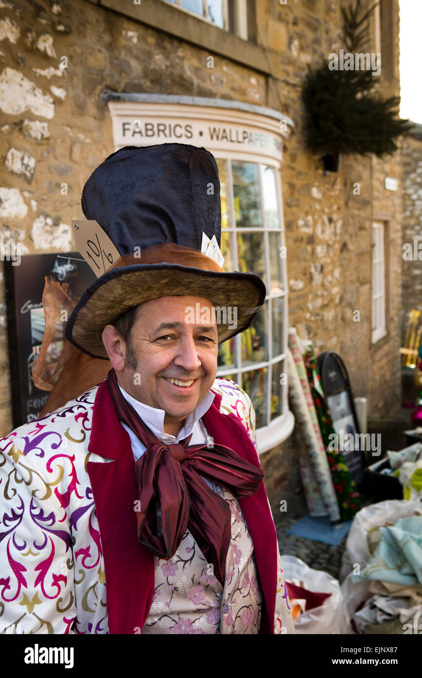 UK, England, Yorkshire, Grassington, Dickensian Festival, Raymond Ramsden,  fabric shop owner as mad hatter Stock Photo