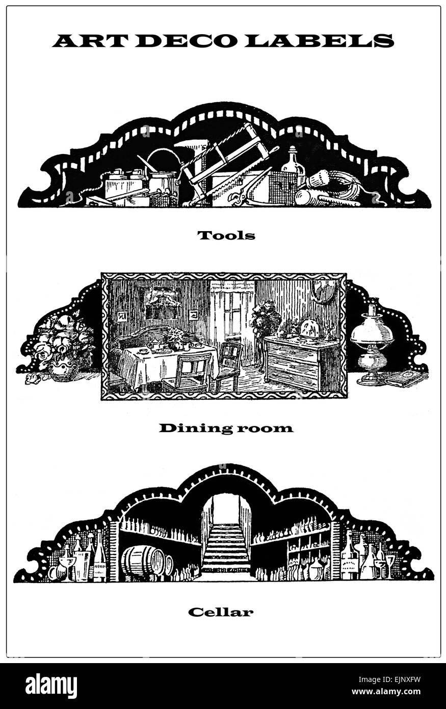 3 vintage borders - labels about homework tools, dining room and cellar Stock Photo
