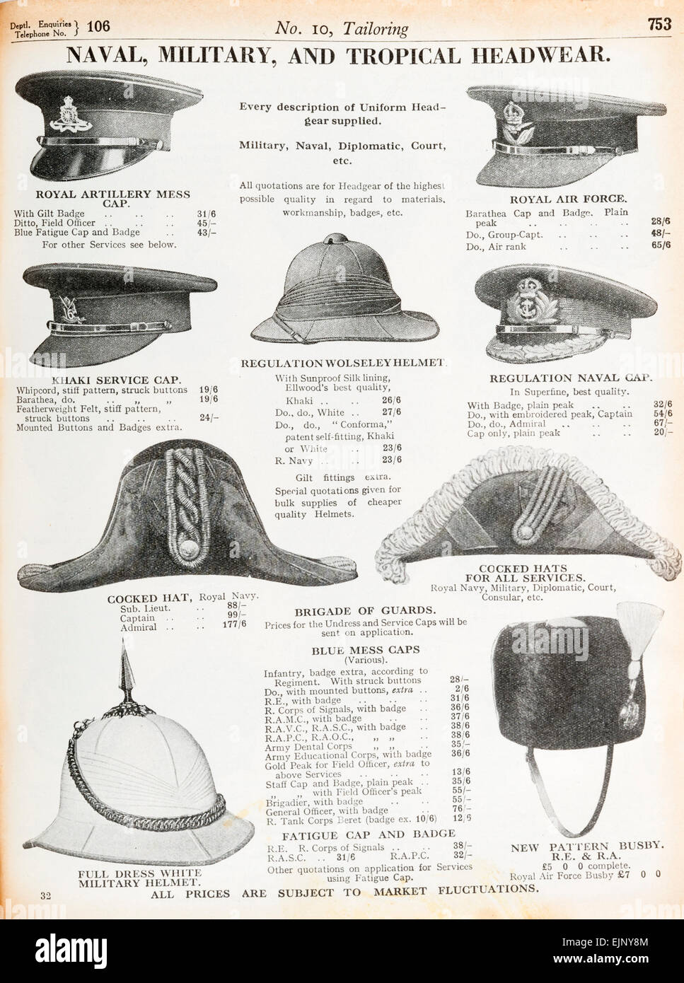 From the Army and Navy Stores prewar mail order catalogue, (London, UK, 1935) - military headwear for the Army, Navy and Airforce Stock Photo