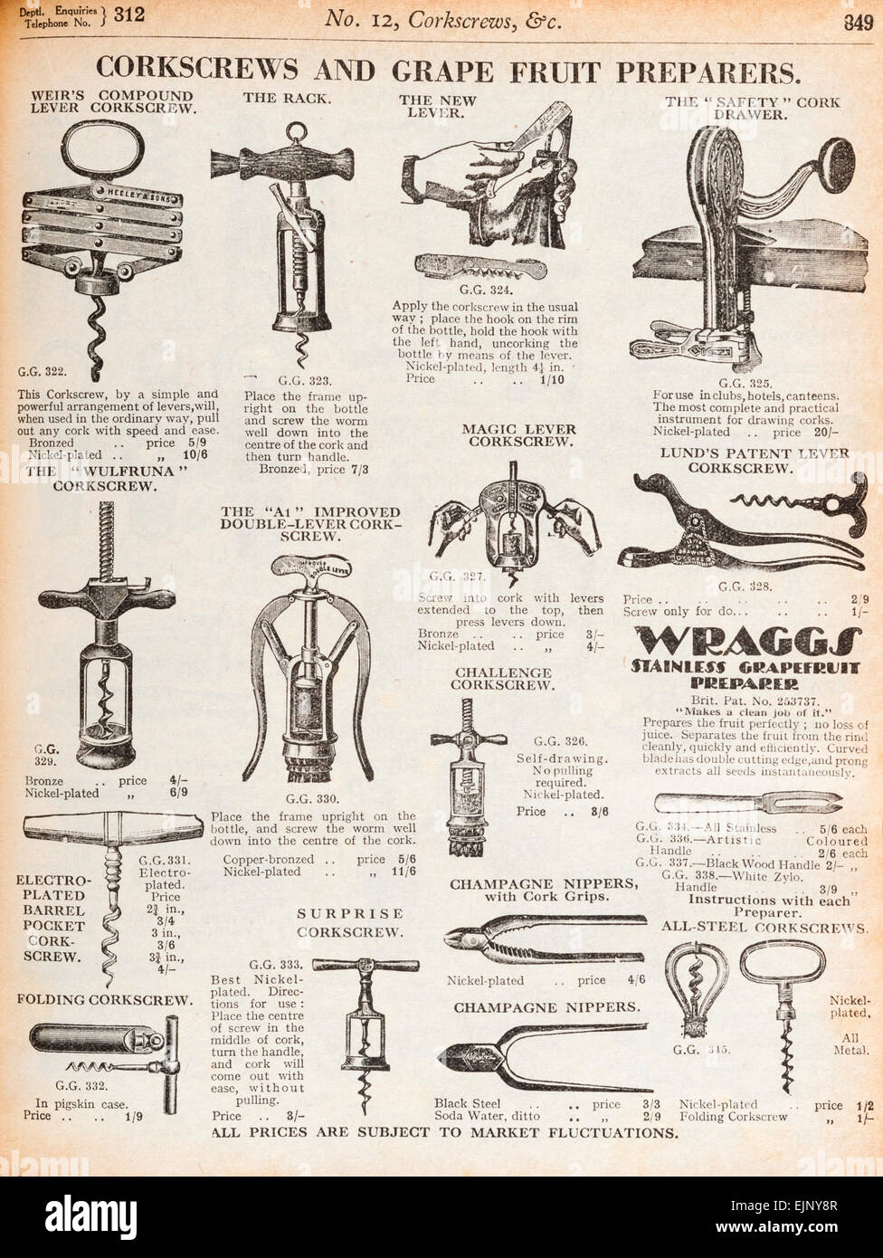 From the Army and Navy Stores prewar mail order catalogue, (London, UK, 1935) - corkscrews and grapefruit preparers Stock Photo
