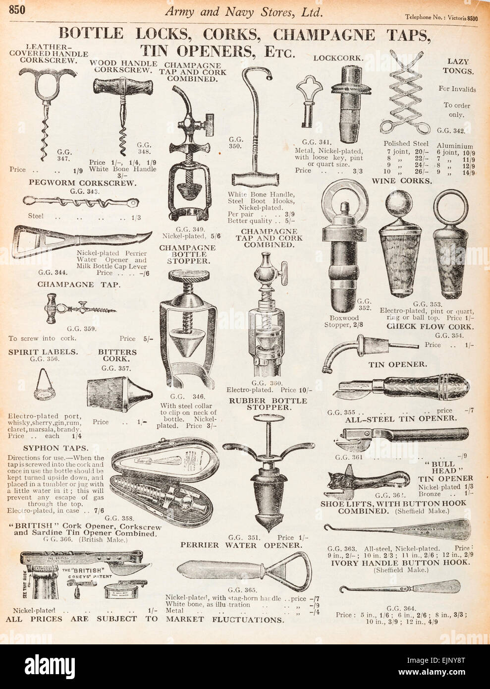 From the Army and Navy Stores prewar mail order catalogue, (London, UK, 1935) - corkscrews, bottle openers, can openers Stock Photo