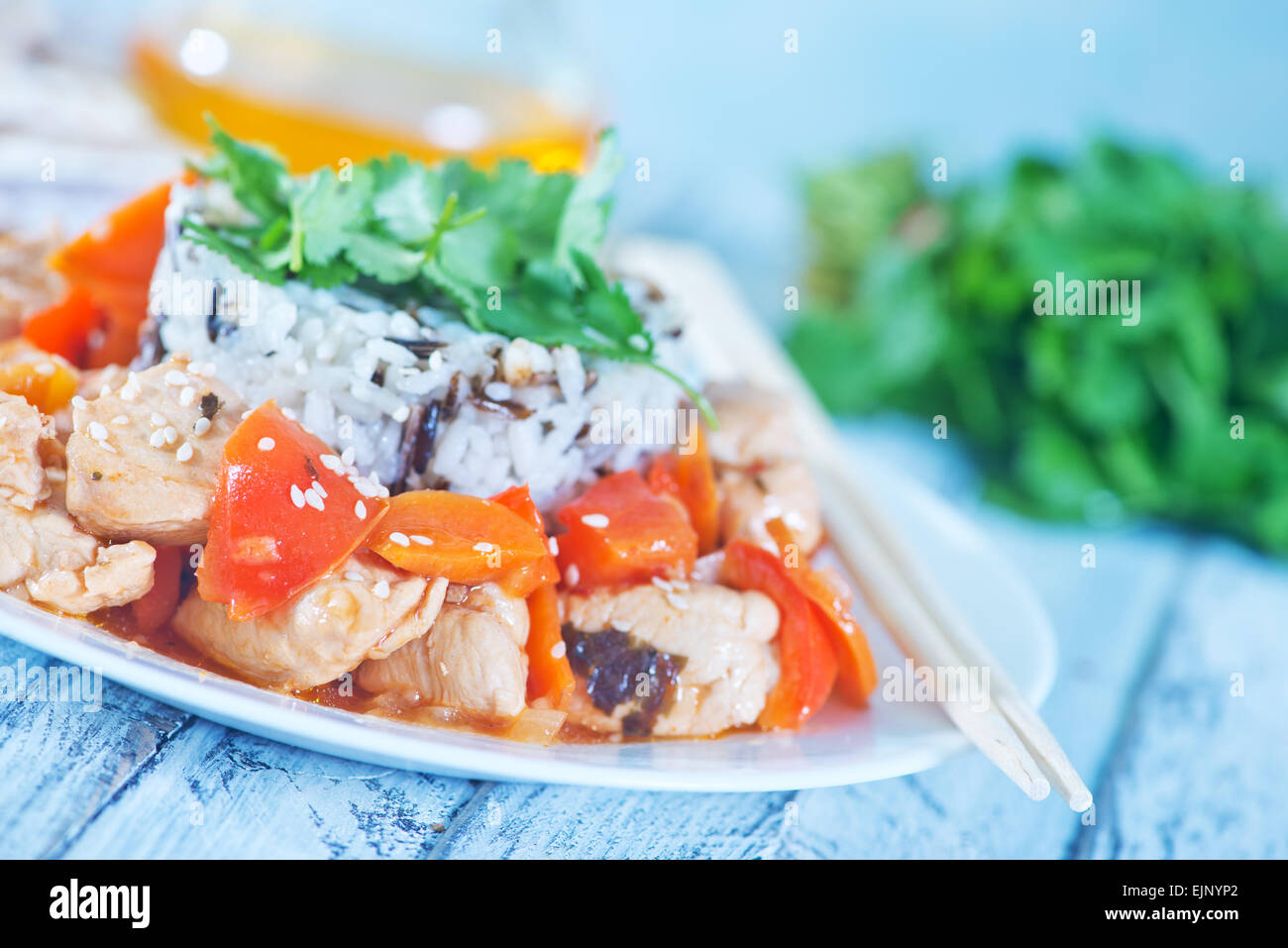 asian food: boiled rice with fried chicken Stock Photo - Alamy
