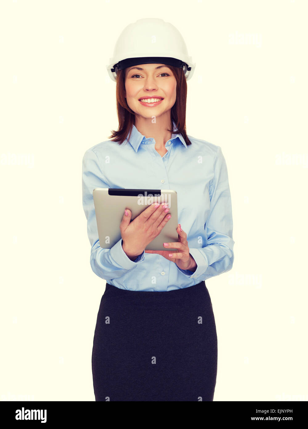 young smiling businesswoman in white helmet Stock Photo - Alamy