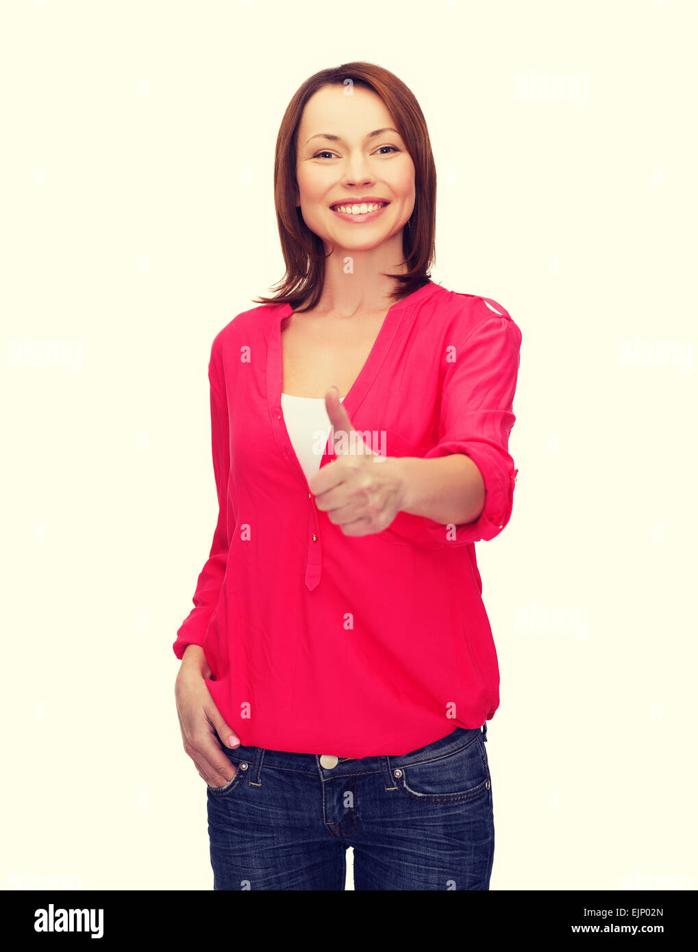 smiling woman showing thumbs up Stock Photo - Alamy