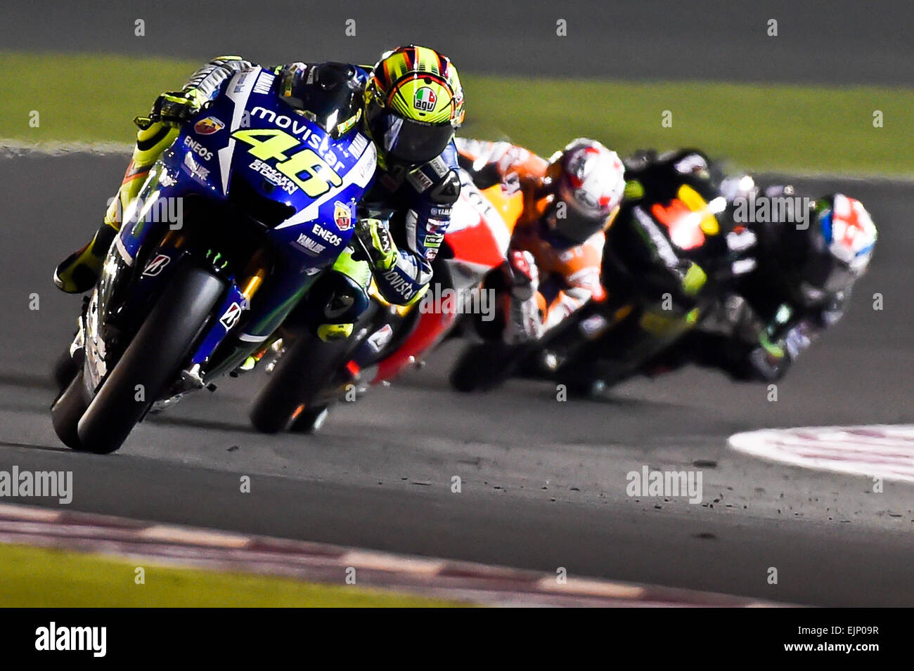 Losail, Doha, Qatar. 29th March, 2015. Valentino Rossi (Movistar Yamaha) in actions at Commercial Bank grand prix of Qatar Credit:  Gaetano Piazzolla/Alamy Live News Stock Photo