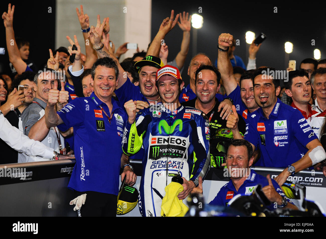 Losail, Doha, Qatar. 29th March, 2015. Valentino Rossi (Movistar Yamaha)  celebrate the first place at at Commercial Bank grand prix of Qatar Credit:  Gaetano Piazzolla/Alamy Live News Stock Photo - Alamy