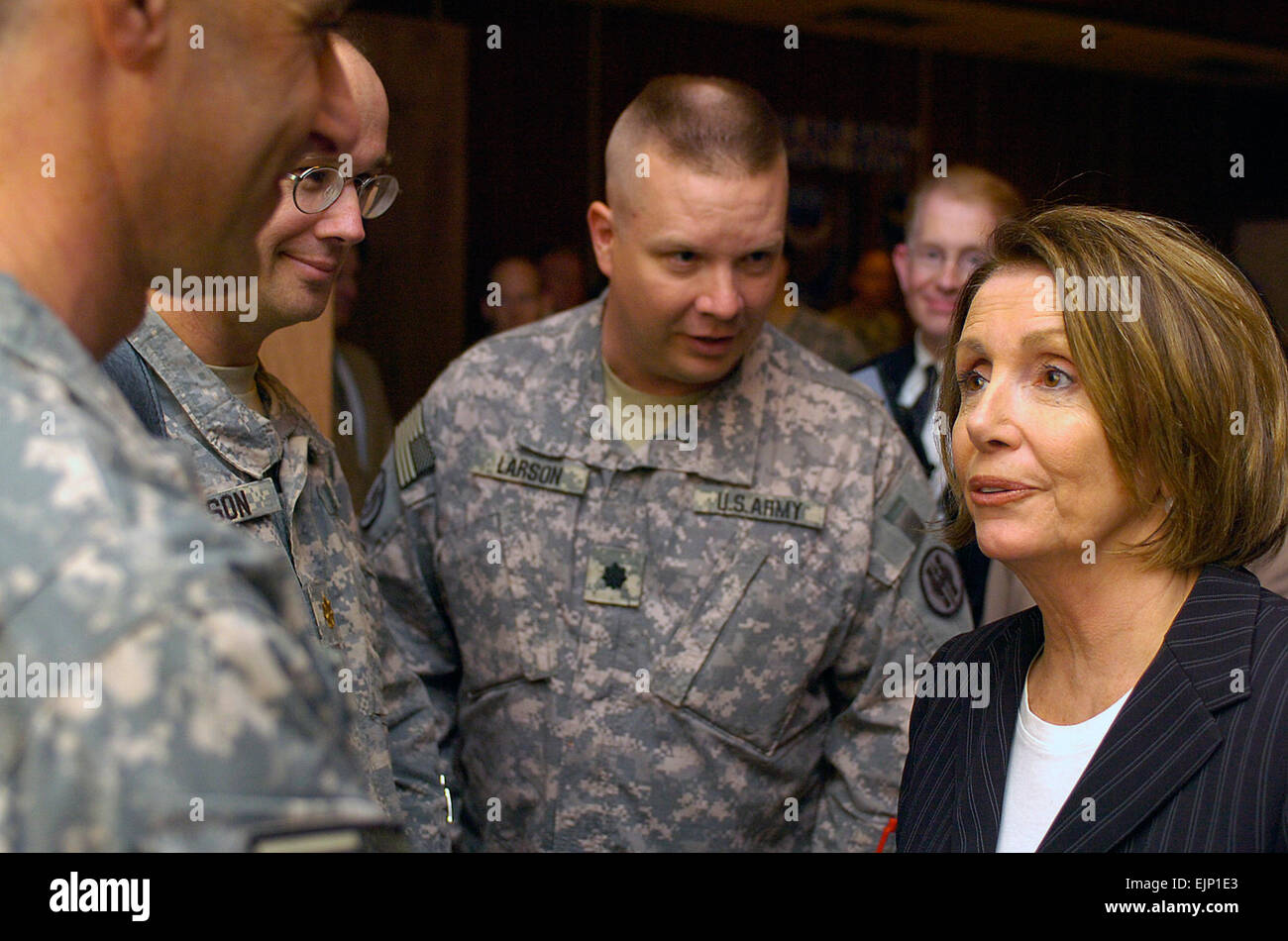 Speaker of the House of Representatives, Nancy Pelosi, visits with Soldiers serving in Iraq from her native state of California during a visit to Sather Air Base in Baghdad, Iraq, May 10. Stock Photo