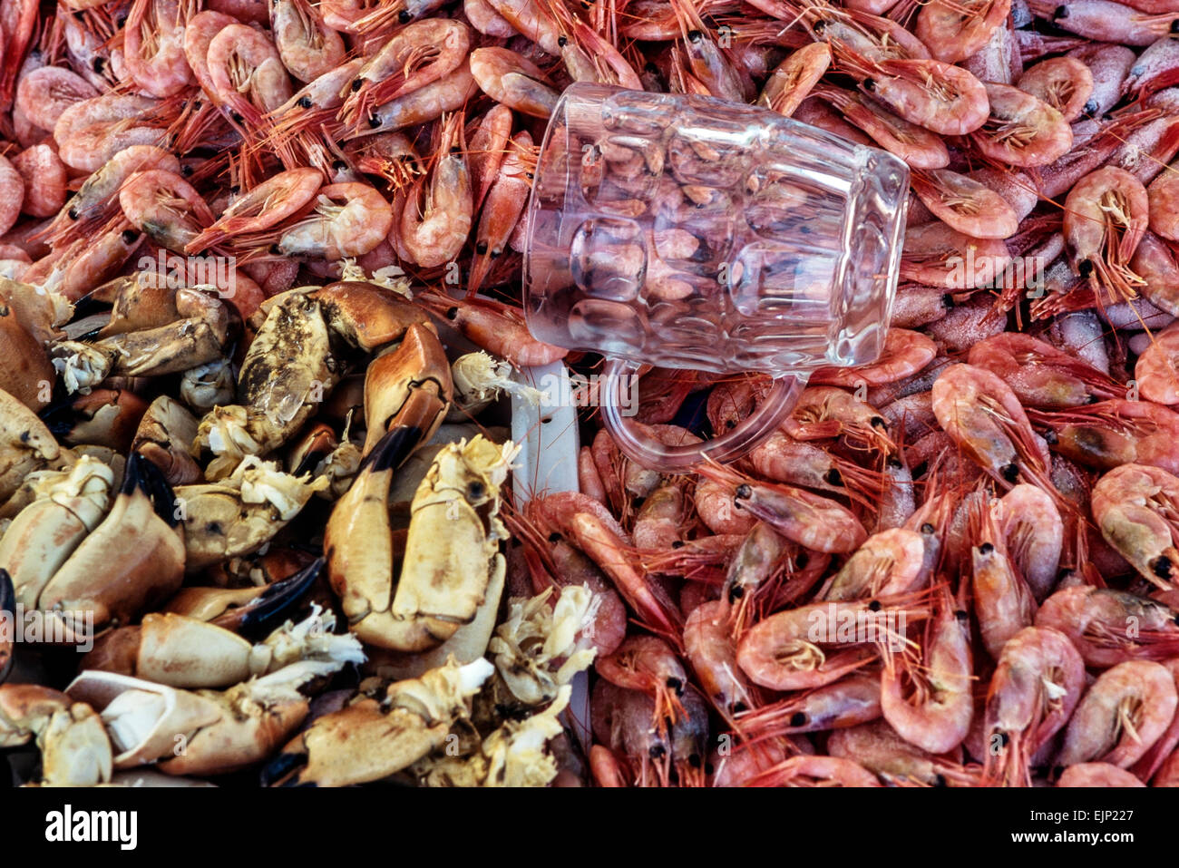 Cooked crab claws and prawns for sale. Great Yarmouth. Norfolk. UK