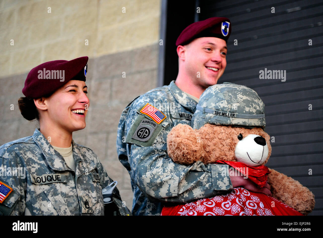 Soldiers with the 82nd Airborne Division line up to participate in the 14th annual Operation Toy Drop at Pope Field, N.C., Dec. 9, 2011. The toy drop is an annual event where U.S. Soldiers donate new, unwrapped toys for a chance to train and jump with international jumpmasters. The donated toys are distributed to underprivileged children within the community.  Staff Sgt. Amber M. Grimm Stock Photo