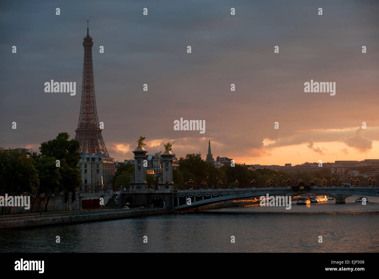 Eiffel Tower, Seine Bridge Pont Alexandre III in  Paris, Ile de France, France, Europe Stock Photo