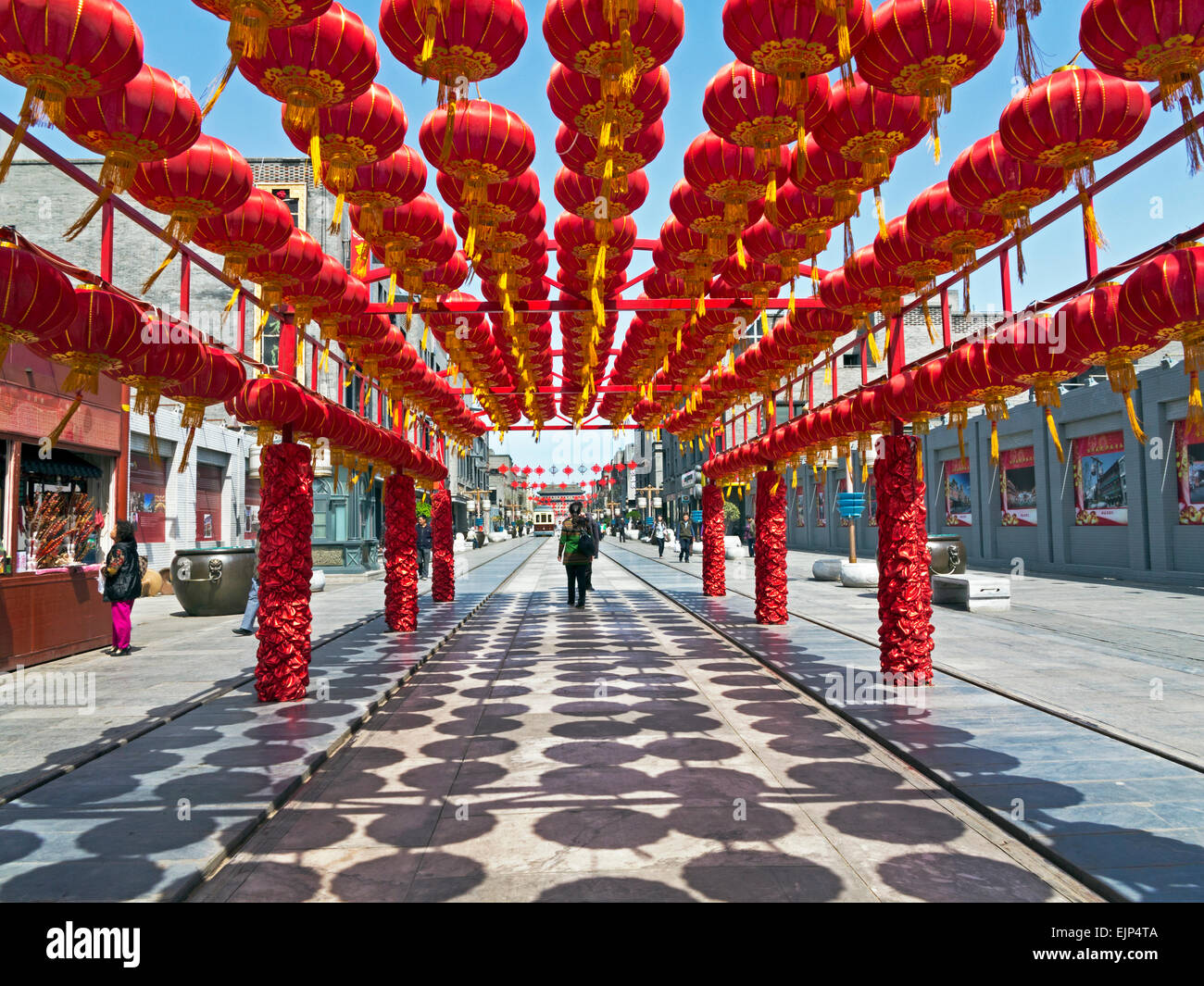 China, Beijing, newly rebuilt Qianmen Street, decorative lanterns Stock Photo