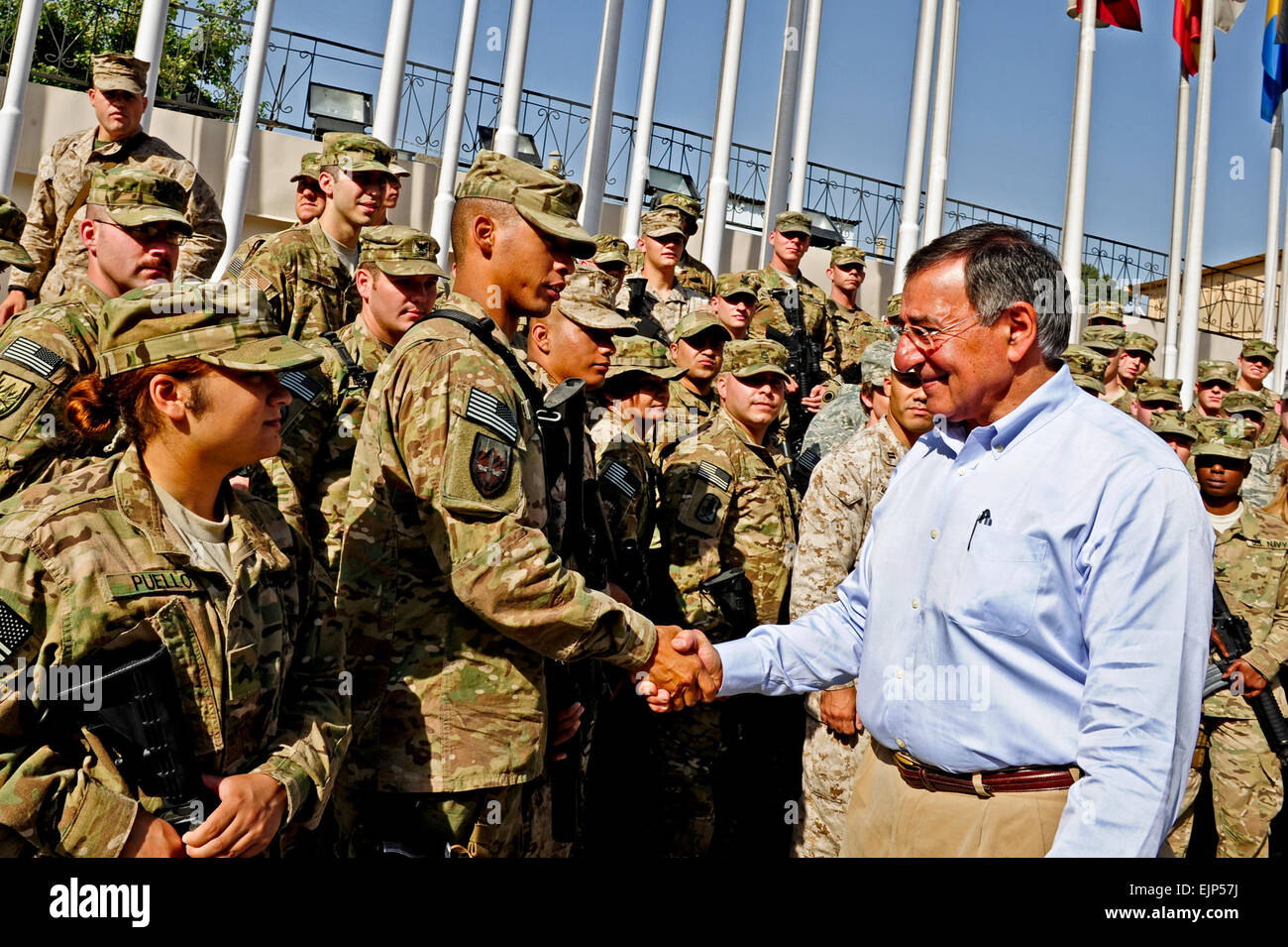 U.S. Secretary of Defense Leon E. Panetta meets with troops at Camp Eggers, Kabul, Afghanistan, July 10, 2011.  Tech. Sgt. Jacob N. Bailey, U.S. Air Force Stock Photo