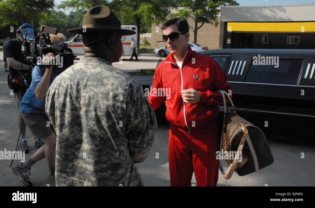 Stephen Colbert arrives at Fort Jackson, S.C., ready to report for basic combat training. He gets off on the wrong foot when he asks his drill sergeant, &quot;Can I get a bellman?&quot;        Political humorist Colbert tackles Basic Combat Training  /-news/2009/05/08/20858-political-humorist-colbert-tackles-basic-combat-training/ Stock Photo