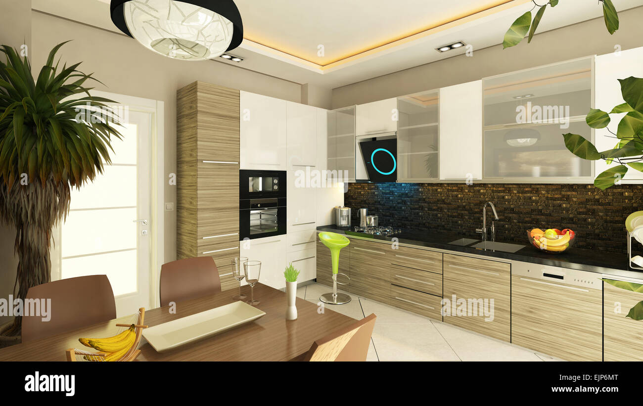 3D rendering modern kitchen design with flush cabinet Stock Photo