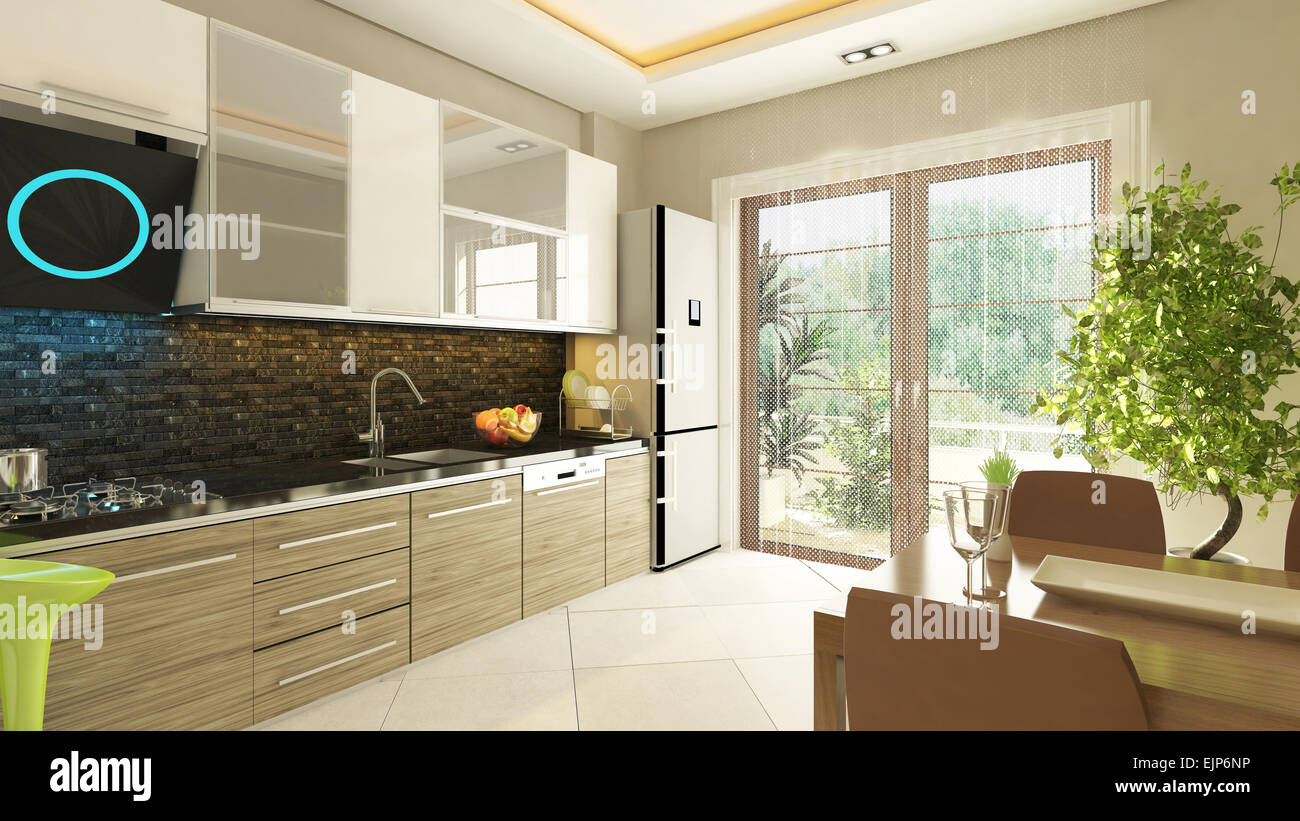 3D rendering modern kitchen design with flush cabinet Stock Photo