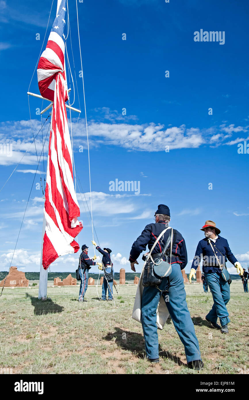 Civil War Era Union soldier reenactors during flag-raising ceremony, Fort Union National Monument, New Mexico USA Stock Photo