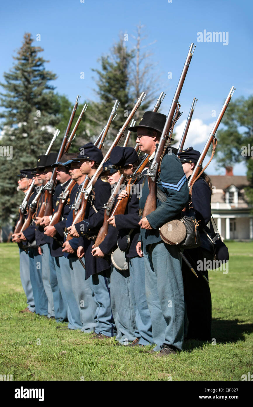 Civil War Era Union soldier reenactors at attention, Fort Stanton Live!, Fort Stanton, New Mexico USA Stock Photo