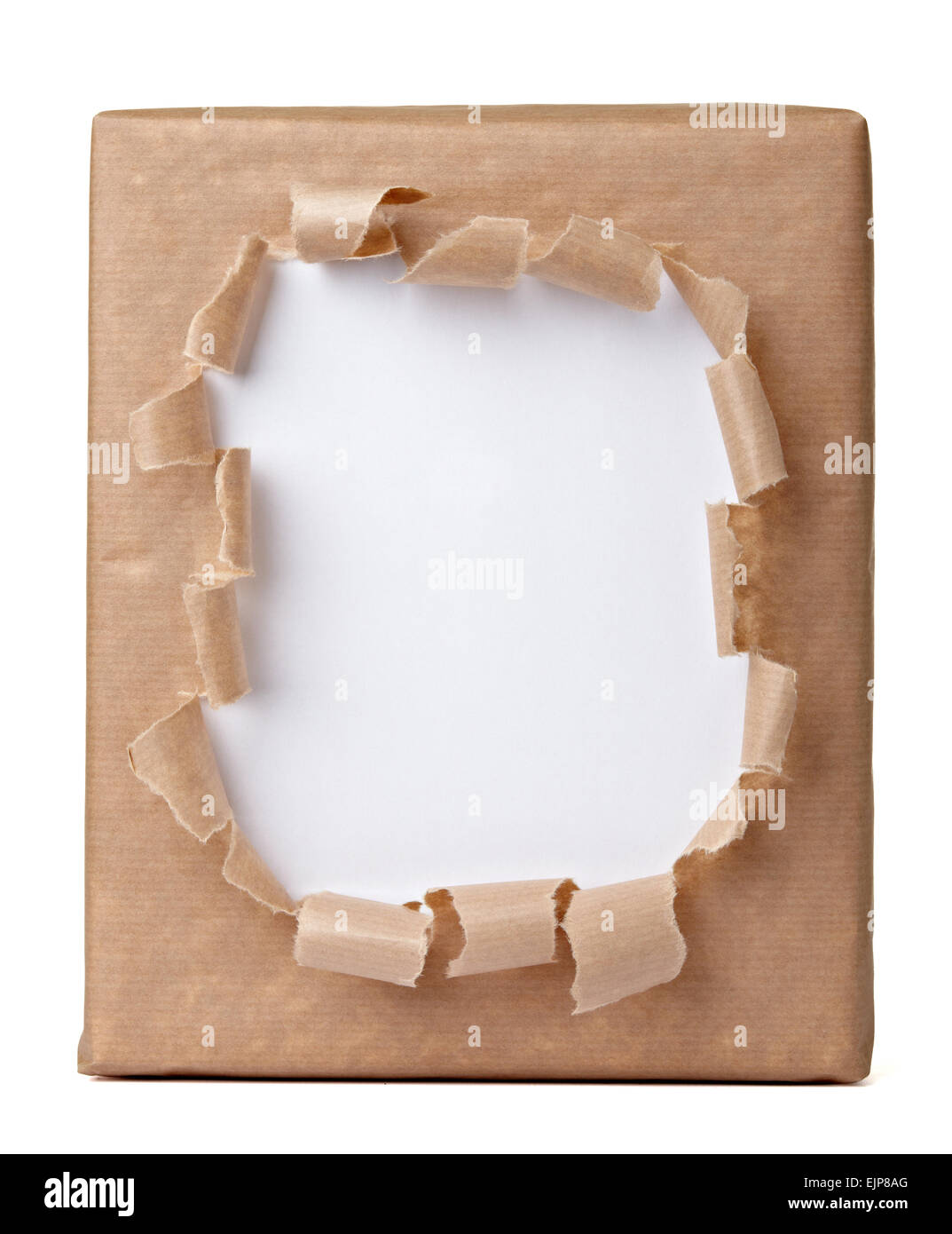 close up of a ripped wrapped box on white background Stock Photo