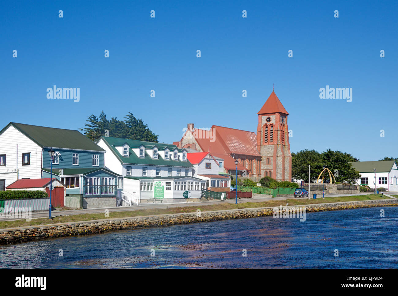 Waterfront with Christ Church Cathedral Port Stanley Falkland Islands Stock Photo