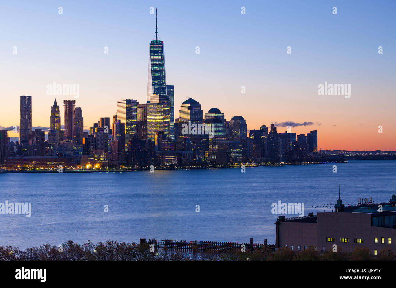 One World Trade Center and Downtown Manhattan across the Hudson River, New York, Manhattan, United States of America Stock Photo