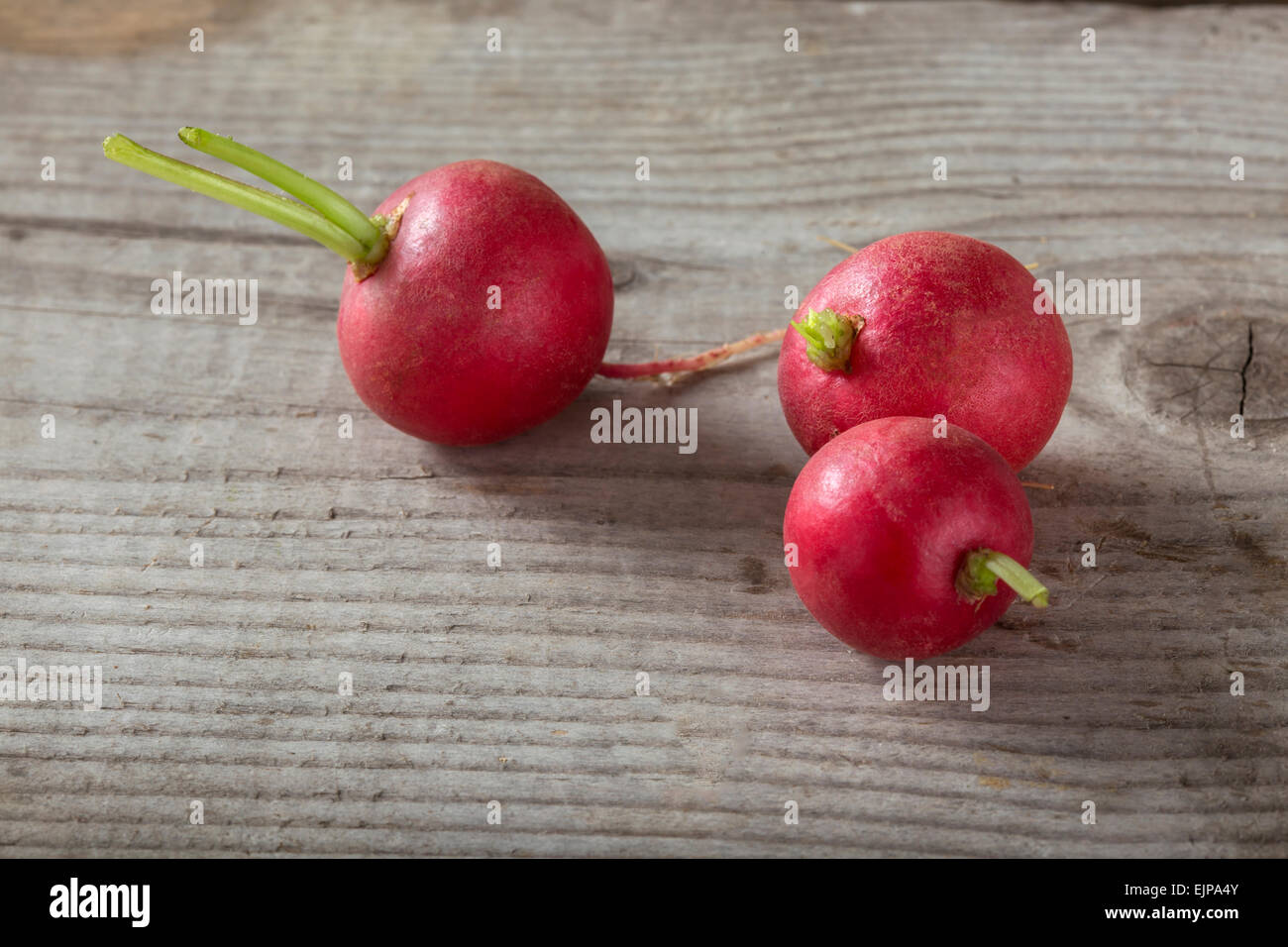 Radishes on rustic wooden background Stock Photo