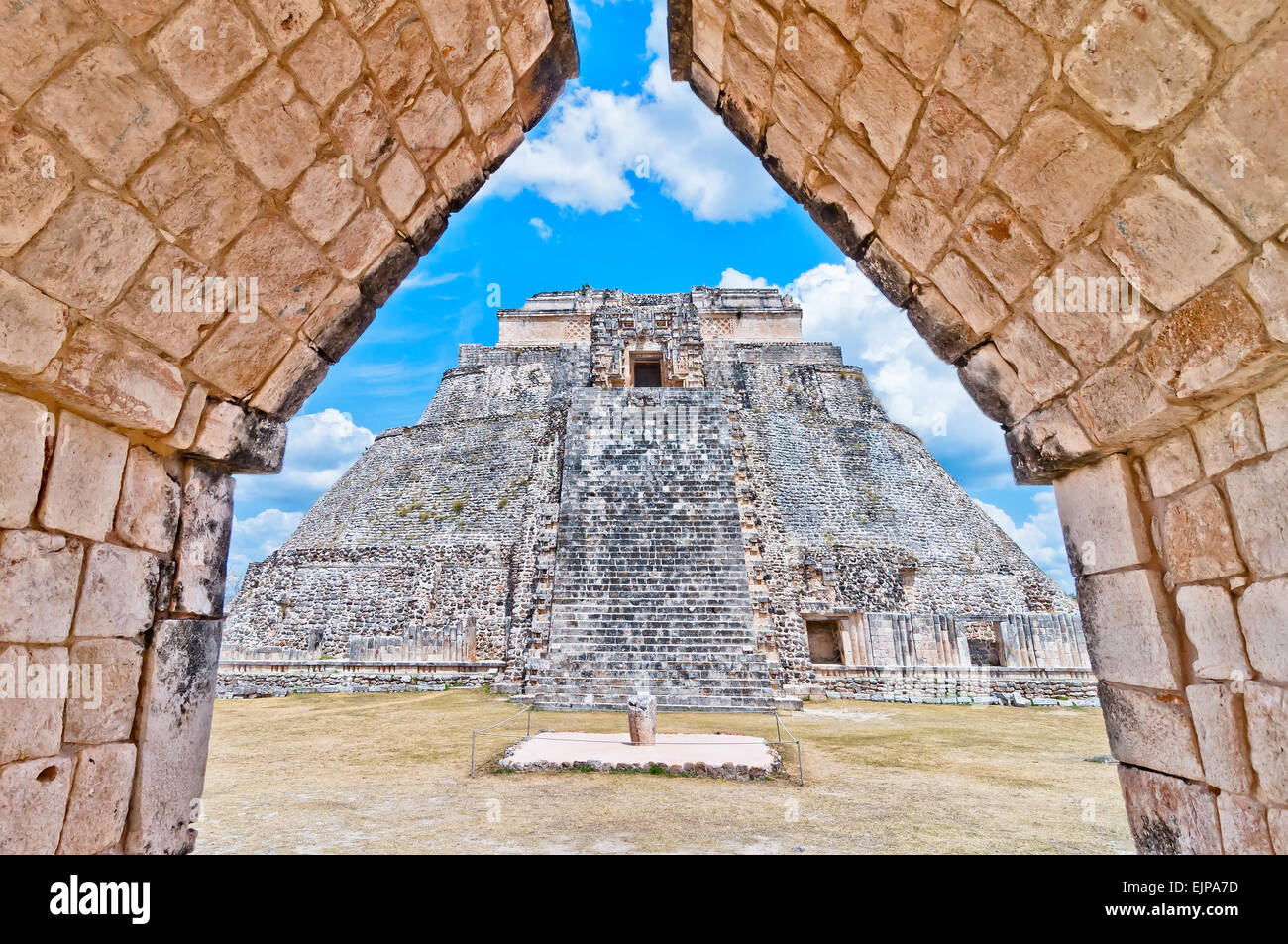 The Pyramid of the Magician is the central structure in the Maya ruin complex of Uxmal, Mexico Stock Photo