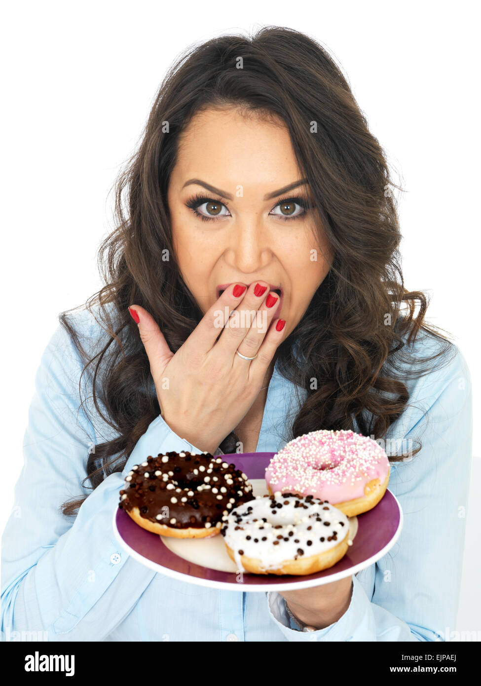 Positive Excited Happy, Young Woman Tempted By Unhealthy Fattening Sweet Ring Donuts Or Doughnuts, Isolated On White, Teasing And Playful Stock Photo