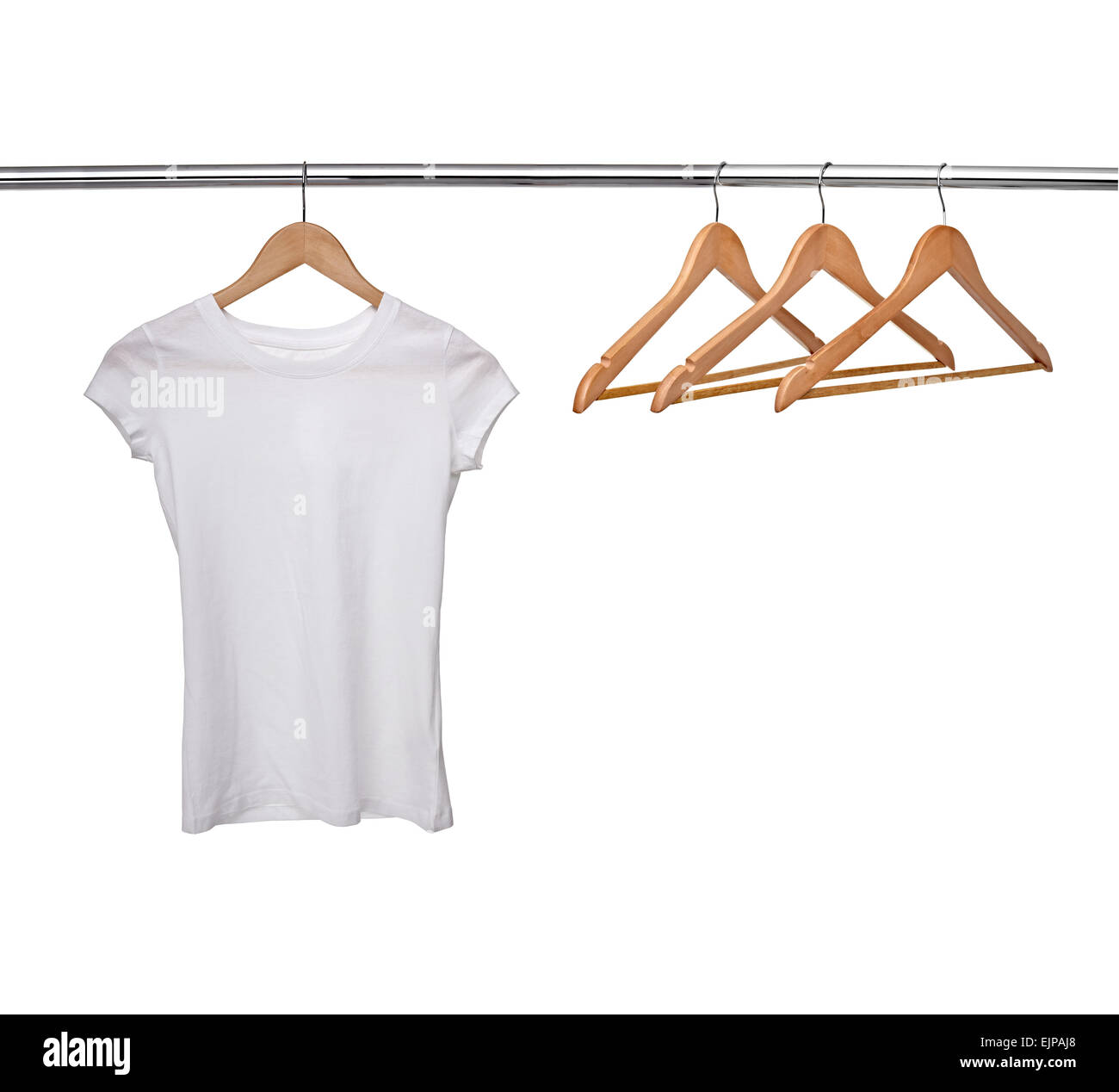 close up of a white t shirt on cloth hangers in row Stock Photo
